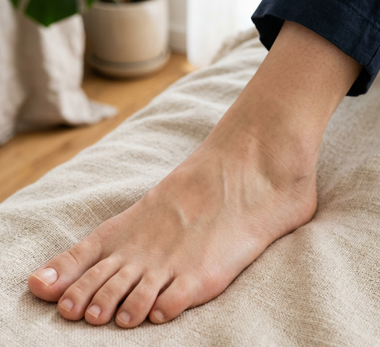 Bare foot resting on beige textured bedspread with potted plant in background